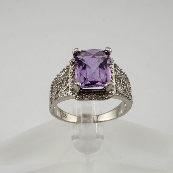 Beautiful Emerald Cut 2.25 Carat Amethyst Ring - Sterling w Diamond Accent Size - Picture 8 of 16